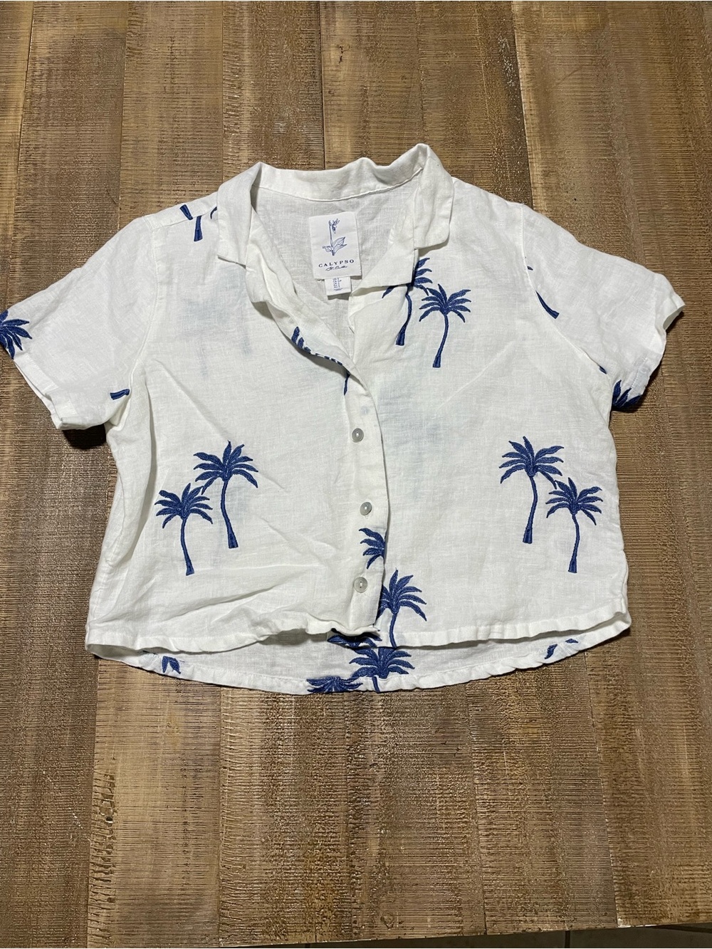 Calypso St. Barth White Linen-Blend Button-Front Shirt with Blue Palm Print